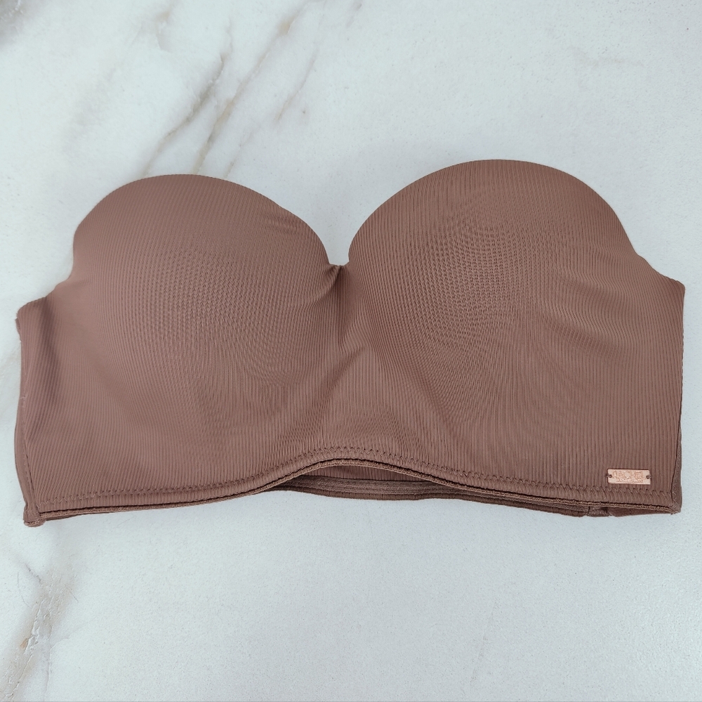 RACHEL Rachel Roy Brown Ribbed Bandeau Strapless Push Up Underwire Bra, 36C